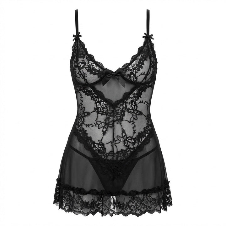 Gennemsigtig Blondekjole Chemise Mesh Blonder Satin G-streng - Black
