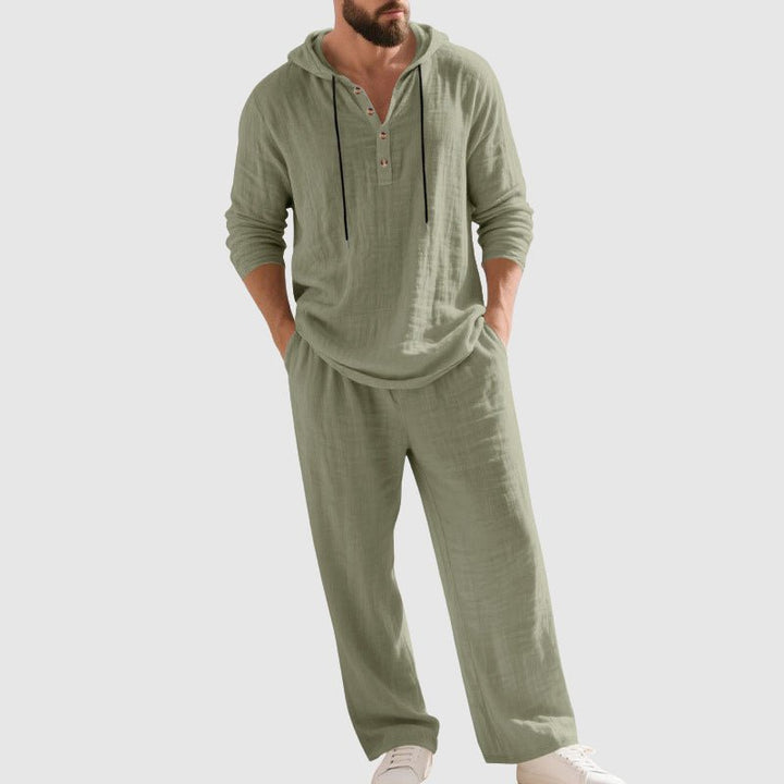 Herre Afslappet Linen Hætte-Sæt med Henley-Skjorte - Green