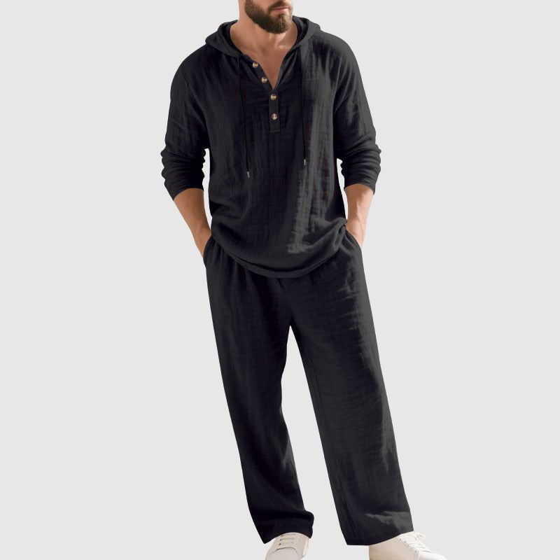 Herre Afslappet Linen Hætte-Sæt med Henley-Skjorte - Black