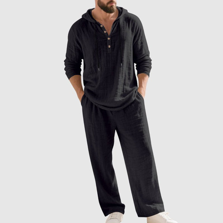 Herre Afslappet Linen Hætte-Sæt med Henley-Skjorte - Black