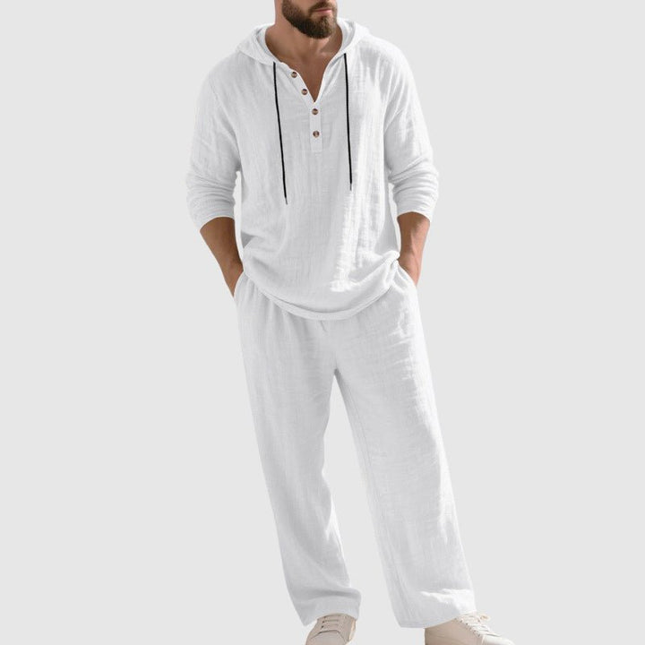Herre Afslappet Linen Hætte-Sæt med Henley-Skjorte - White