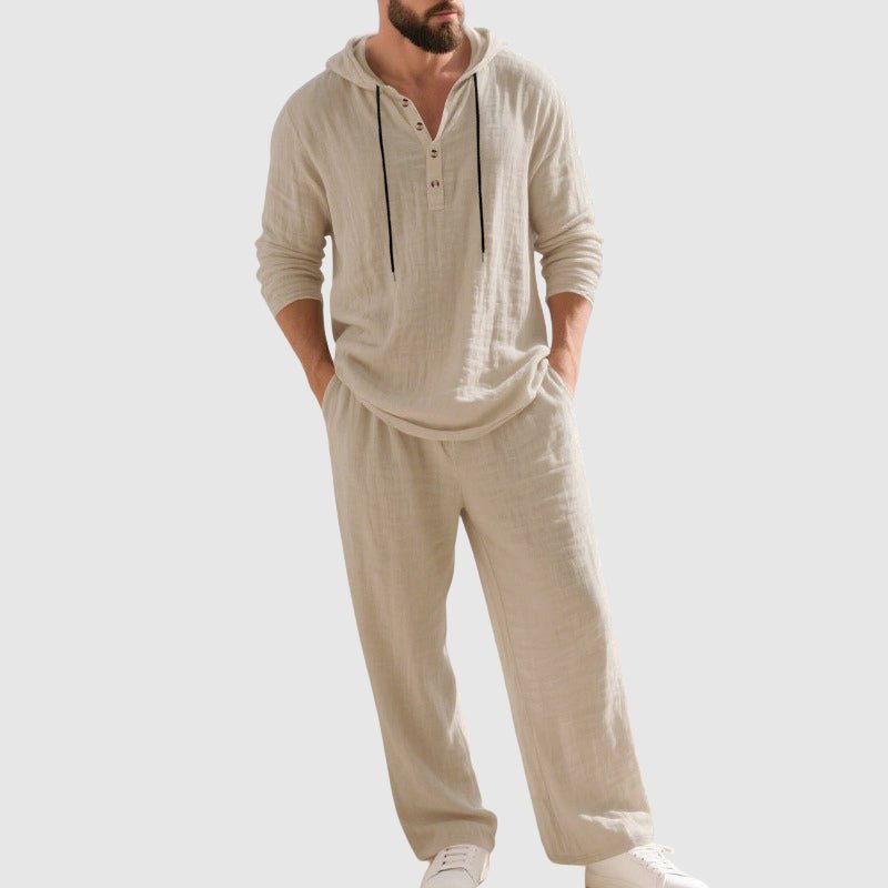 Herre Afslappet Linen Hætte-Sæt med Henley-Skjorte - Beige