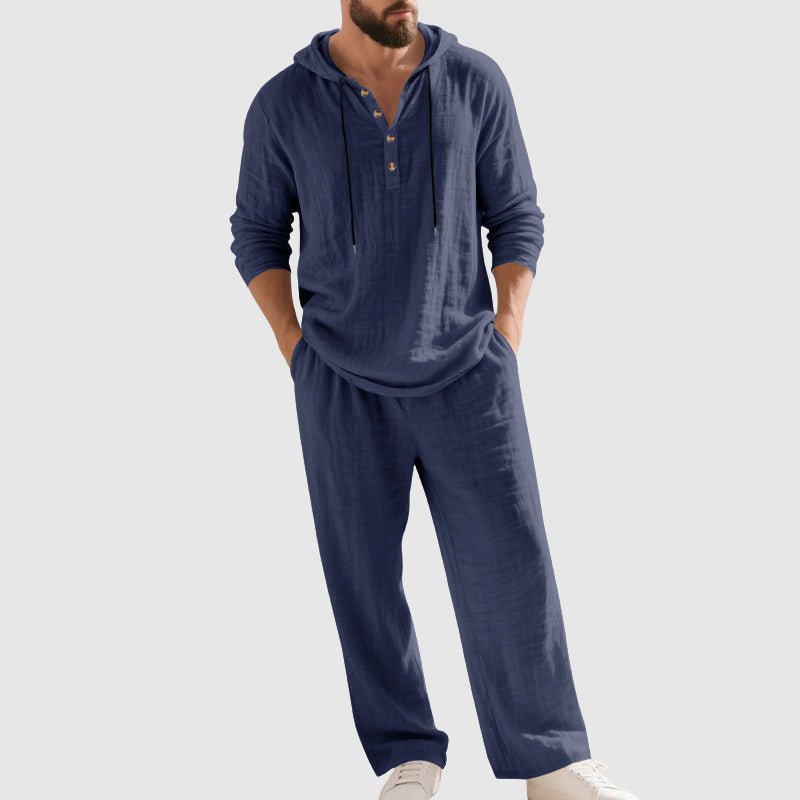 Herre Afslappet Linen Hætte-Sæt med Henley-Skjorte - Blue