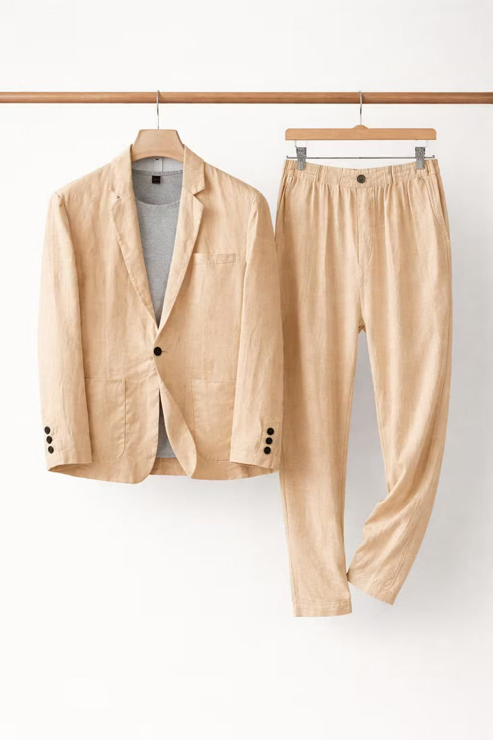 Herre Afslappet Linen Jakkesæt To-delt - Khaki