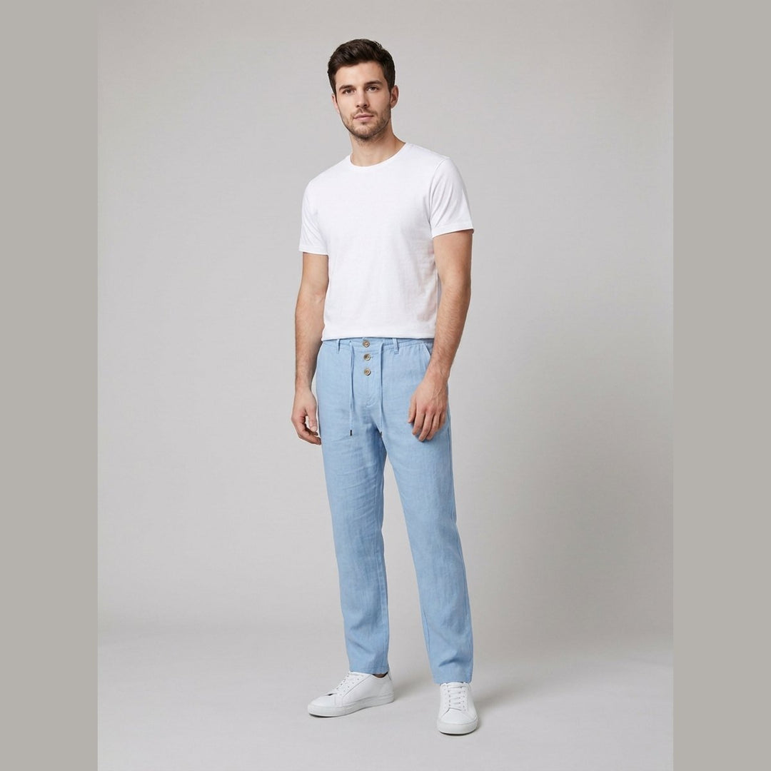 Herre Afslappet Pasform Linned Bukser Elastisk Talje Snøre - Light Blue