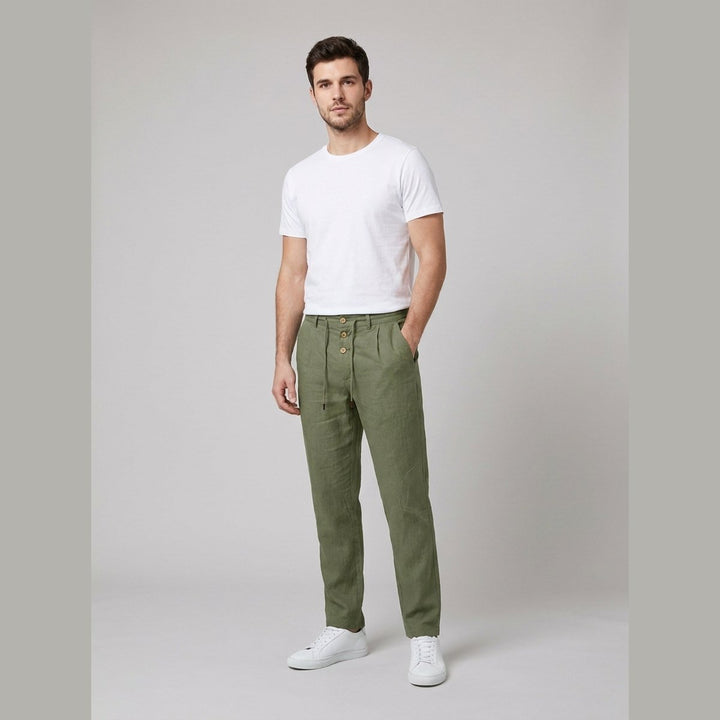 Herre Afslappet Pasform Linned Bukser Elastisk Talje Snøre - Army Green