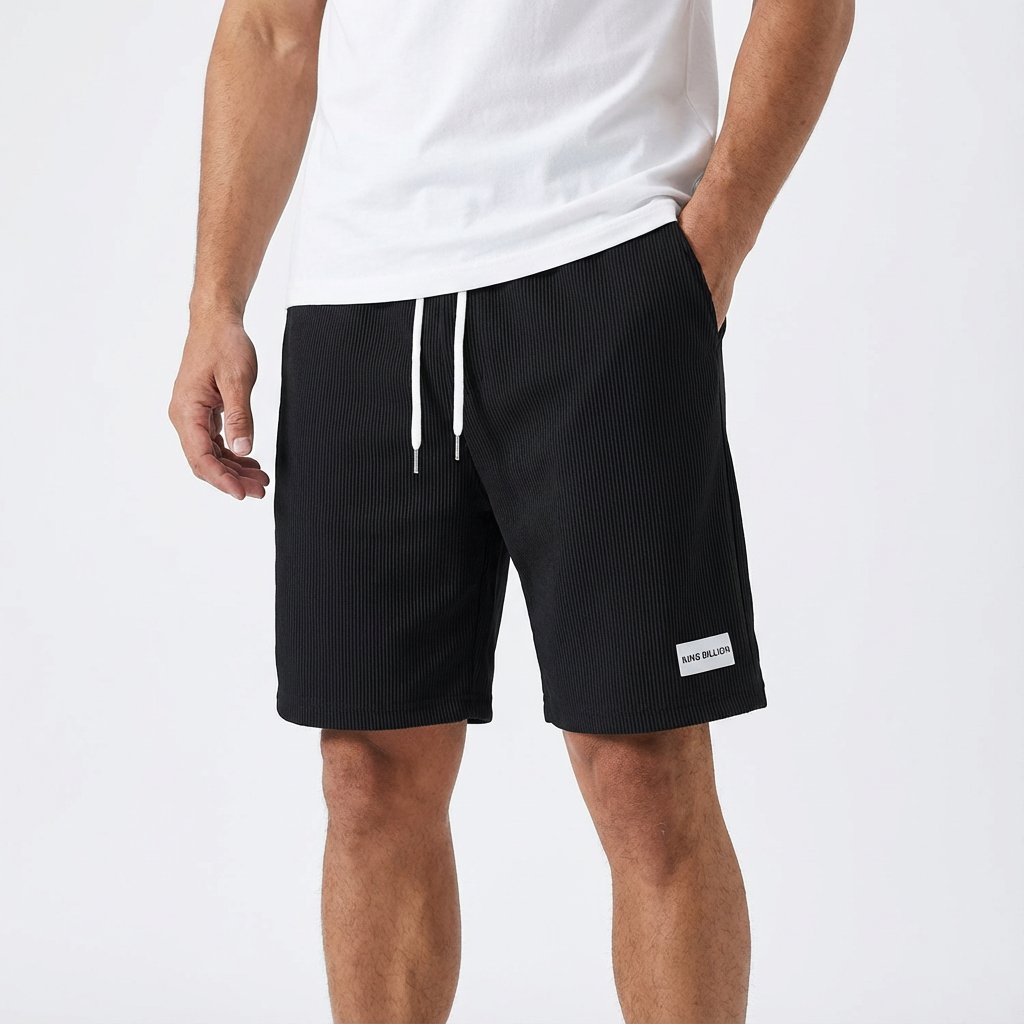 Herre Afslappet Ribbet Snøre Shorts Knælængde - Negro