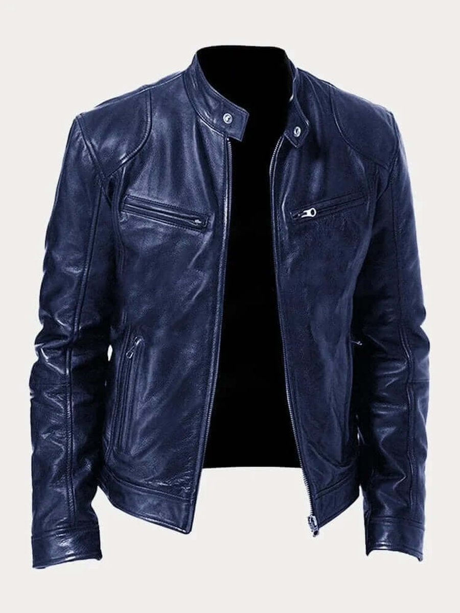 Herre klassisk læder jacket sort biker jakke i ægte læder - Mørkeblå