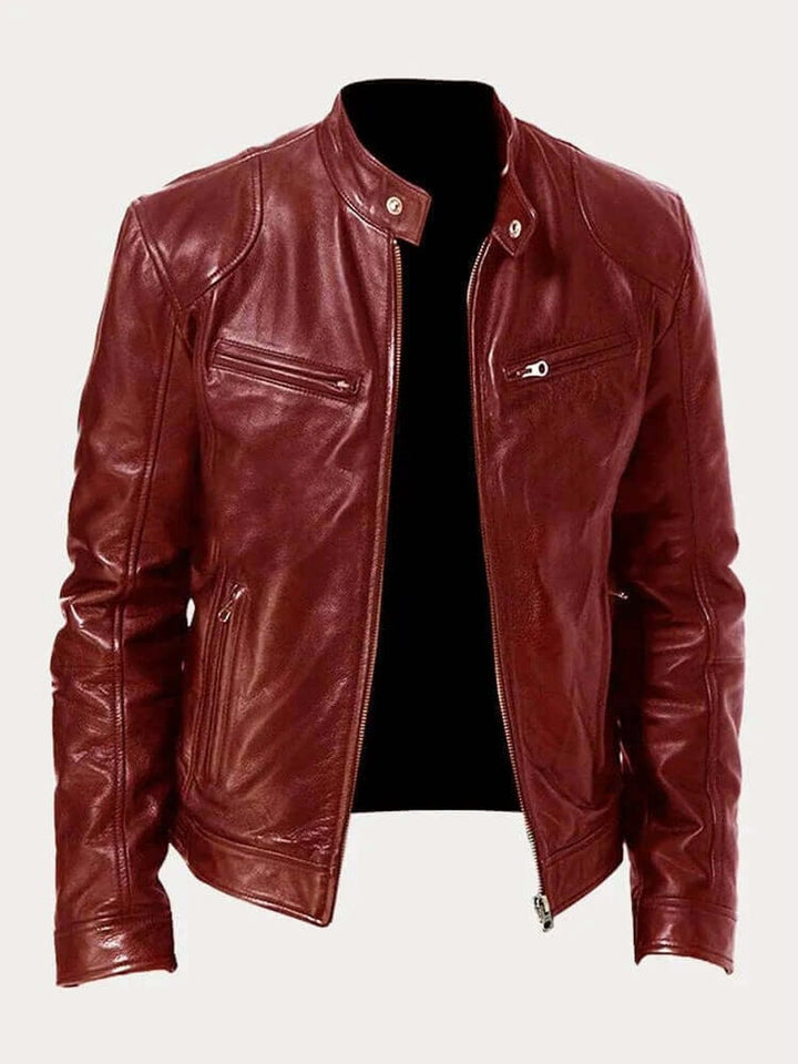 Herre klassisk læder jacket sort biker jakke i ægte læder - Bordeauxrød