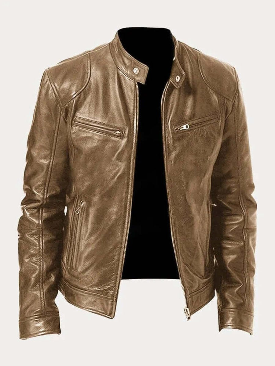 Herre klassisk læder jacket sort biker jakke i ægte læder - Khaki
