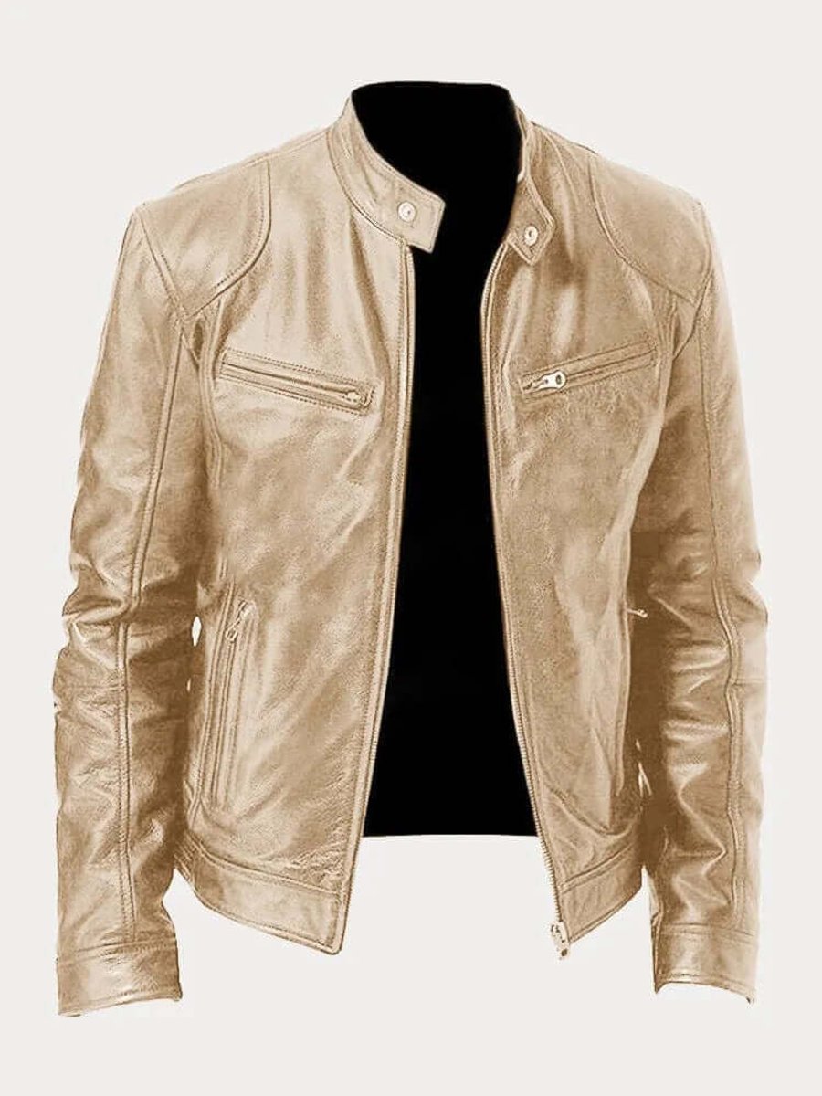 Herre klassisk læder jacket sort biker jakke i ægte læder - Guld