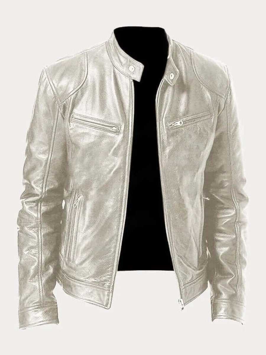 Herre klassisk læder jacket sort biker jakke i ægte læder - Sølv