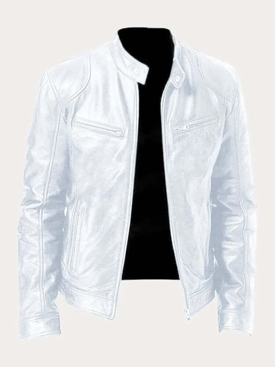 Herre klassisk læder jacket sort biker jakke i ægte læder - Hvid