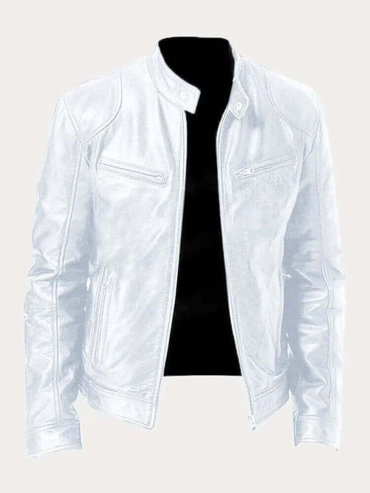 Herre klassisk læder jacket sort biker jakke i ægte læder - Hvid