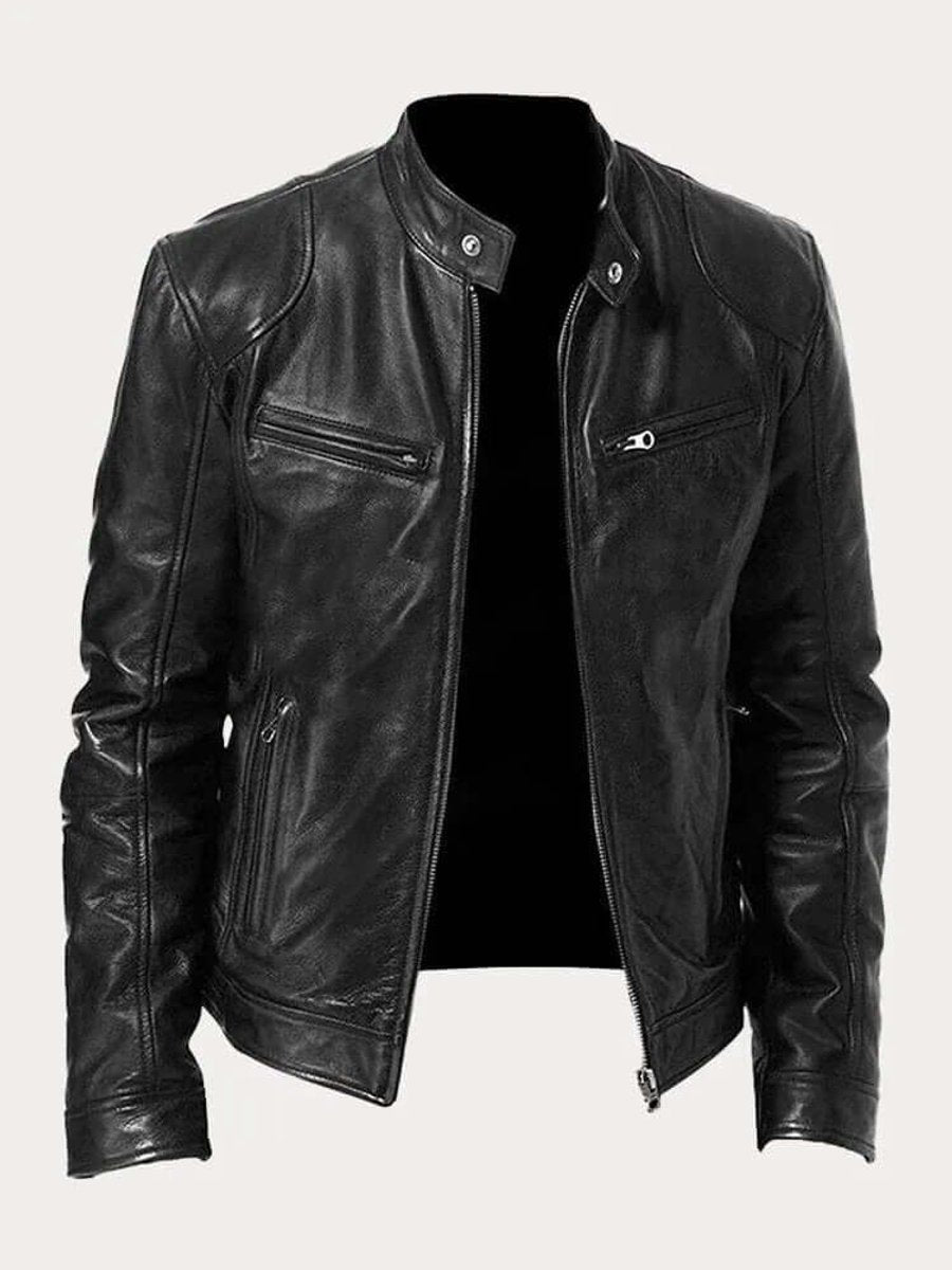 Herre klassisk læder jacket sort biker jakke i ægte læder - Sort
