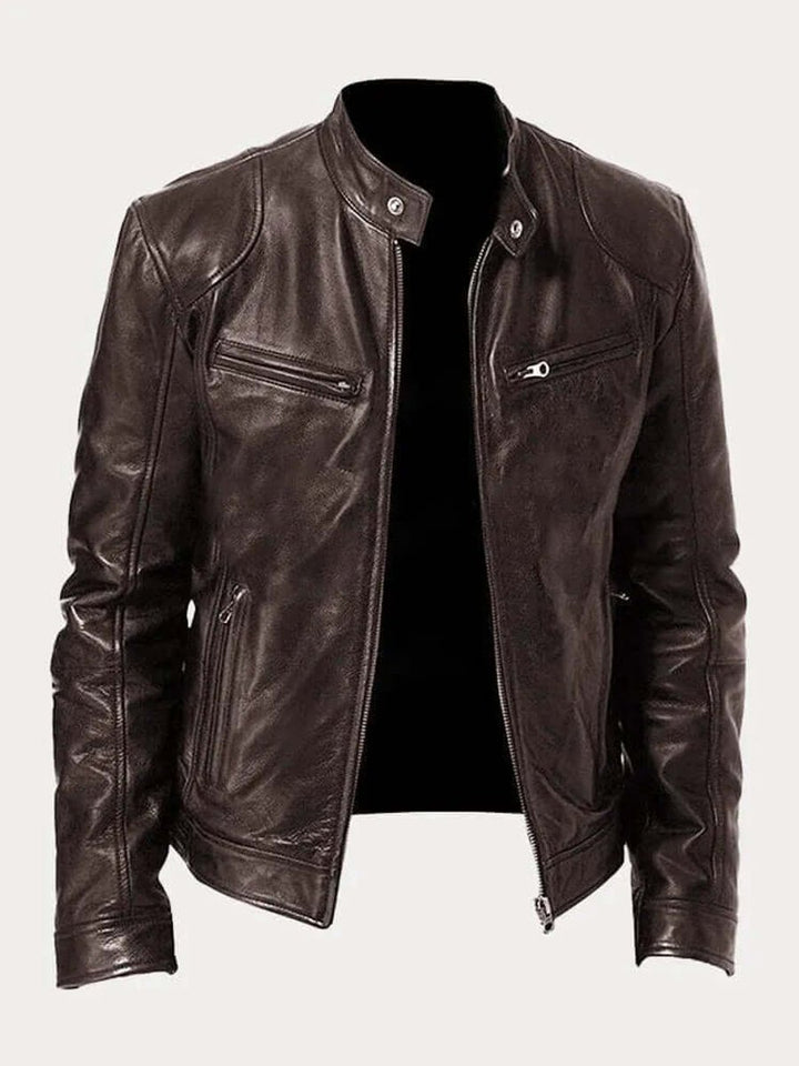 Herre klassisk læder jacket sort biker jakke i ægte læder - Brun
