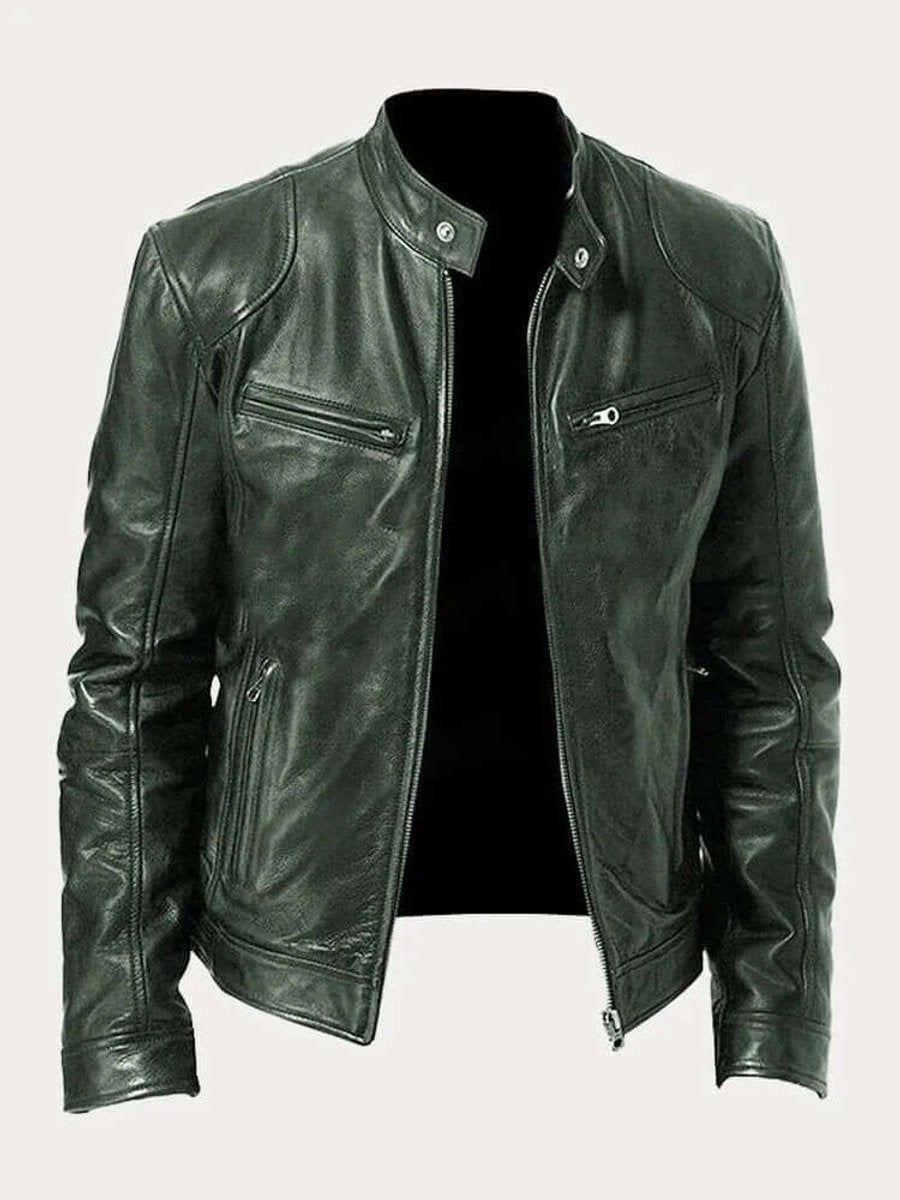 Herre klassisk læder jacket sort biker jakke i ægte læder - Militærgrøn