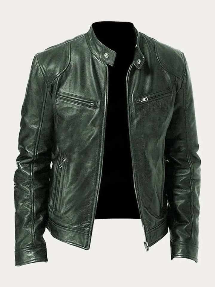 Herre klassisk læder jacket sort biker jakke i ægte læder - Militærgrøn