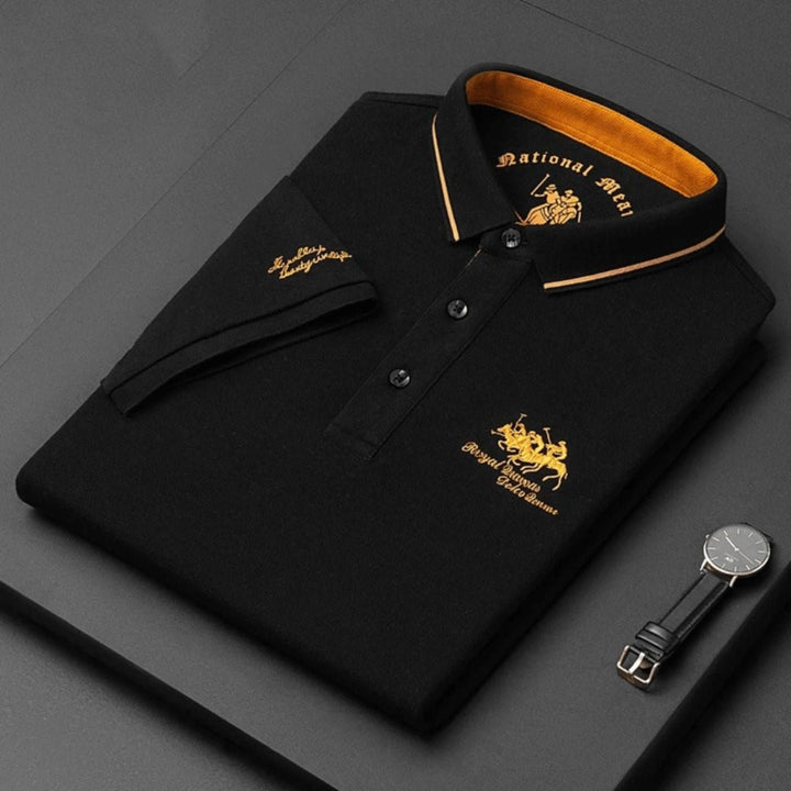 Herre kortærmet poloshirt broderet slim-fit krave - Czarny