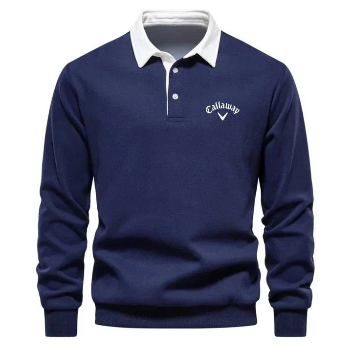 Herre Langærmet Kontrast-Krave Strikket Polo Sweatshirt - Navy Blue
