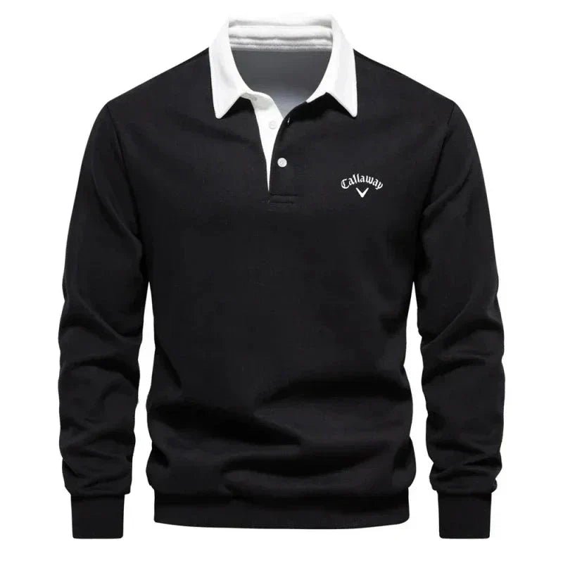 Herre Langærmet Kontrast-Krave Strikket Polo Sweatshirt - Black