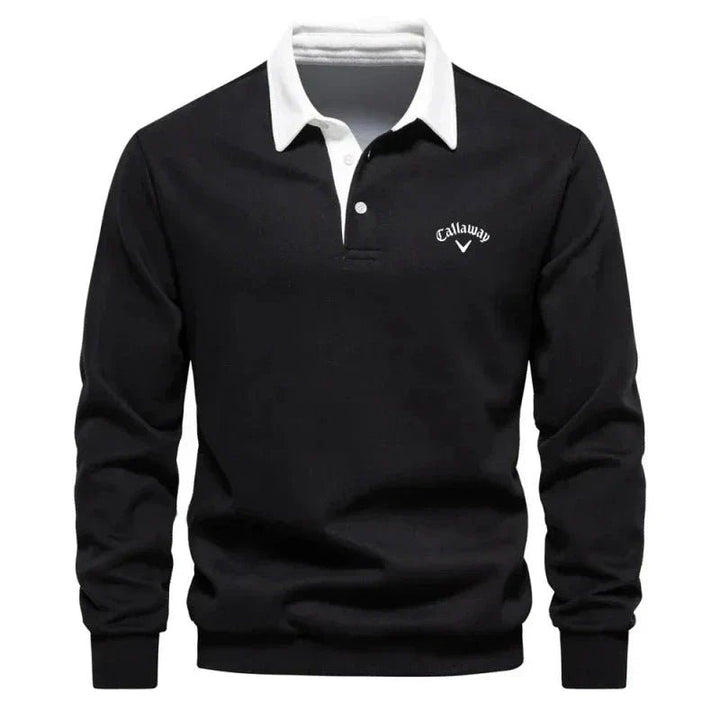 Herre Langærmet Kontrast-Krave Strikket Polo Sweatshirt - Black