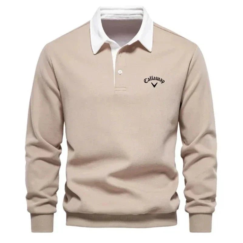 Herre Langærmet Kontrast-Krave Strikket Polo Sweatshirt - Beige