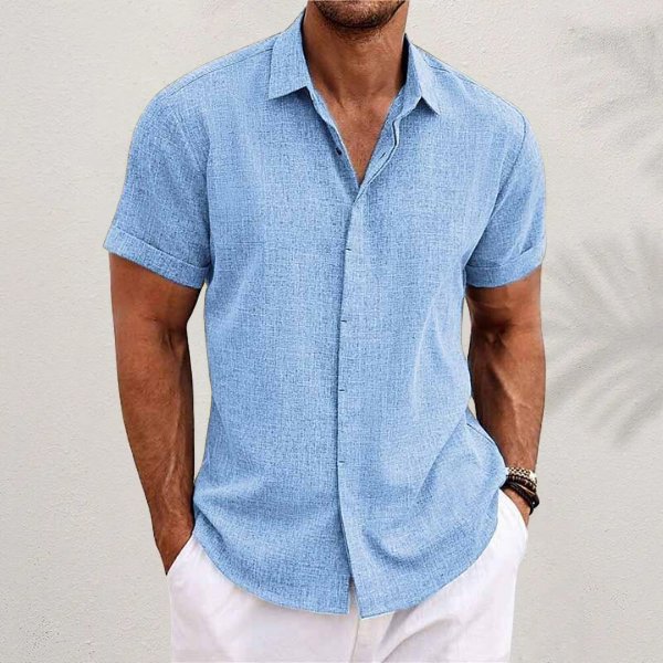Herre Linen Kortærmet Skjorte Regular Fit Casual - Light Blue