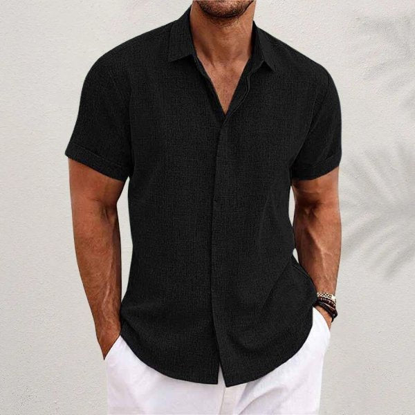 Herre Linen Kortærmet Skjorte Regular Fit Casual - Black