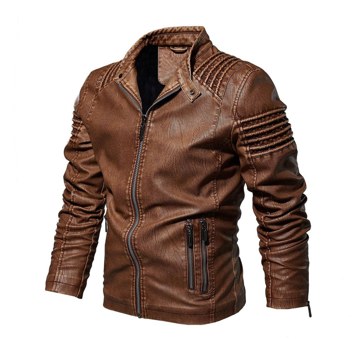 Herre motorcykel leather jacket strukturerede skuldre lynlås