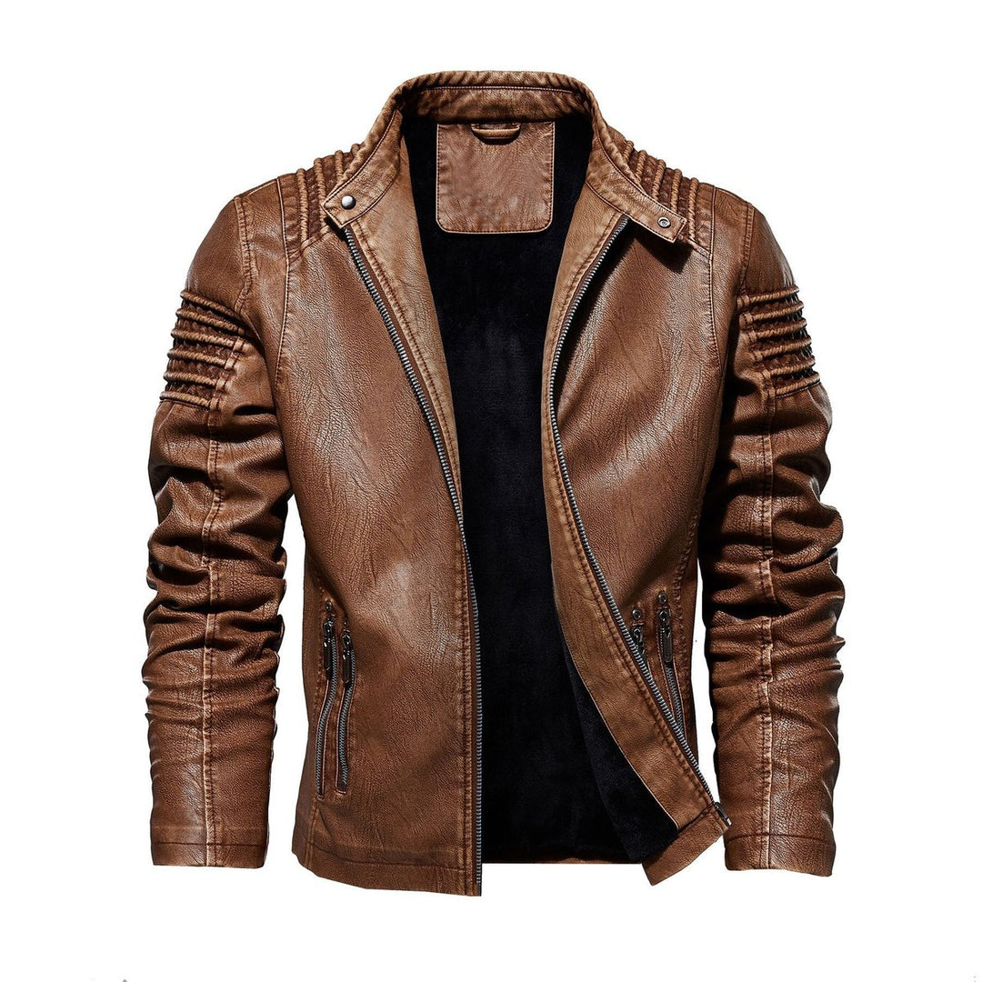 Herre motorcykel leather jacket strukturerede skuldre lynlås