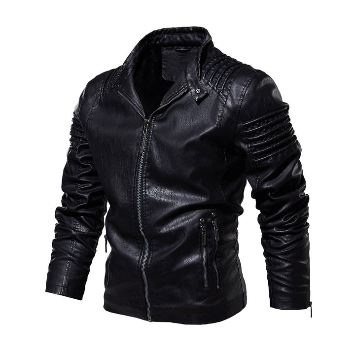 Herre motorcykel leather jacket strukturerede skuldre lynlås - Sort
