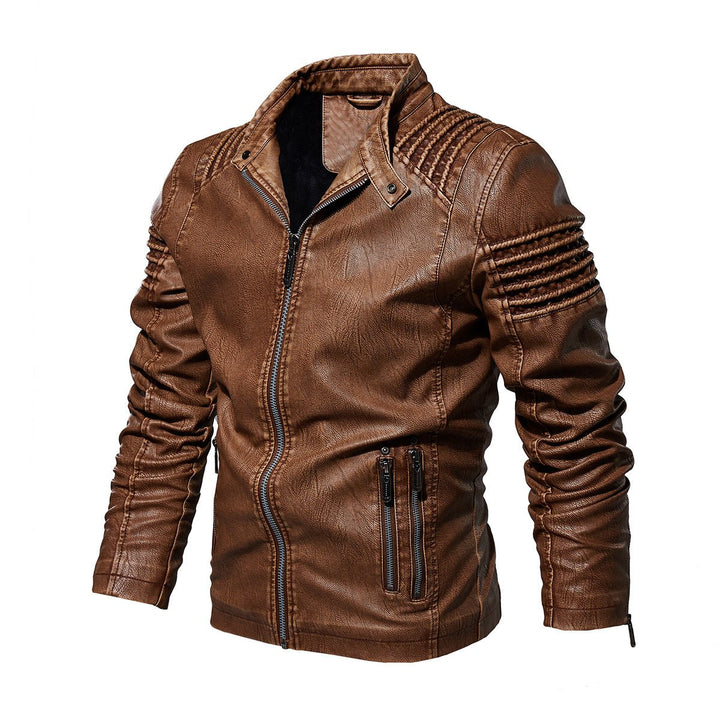 Herre motorcykel leather jacket strukturerede skuldre lynlås - Khaki