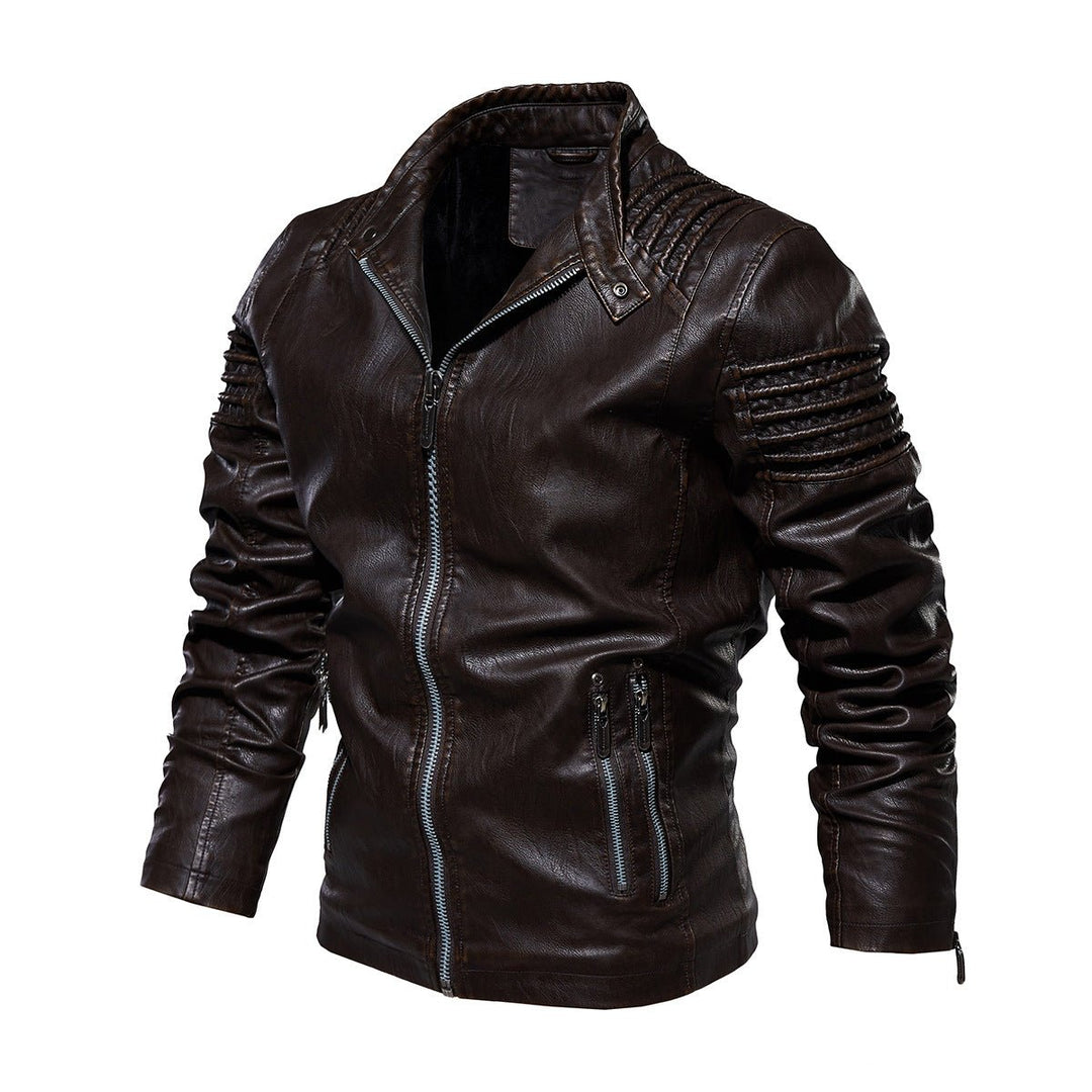 Herre motorcykel leather jacket strukturerede skuldre lynlås - Brun