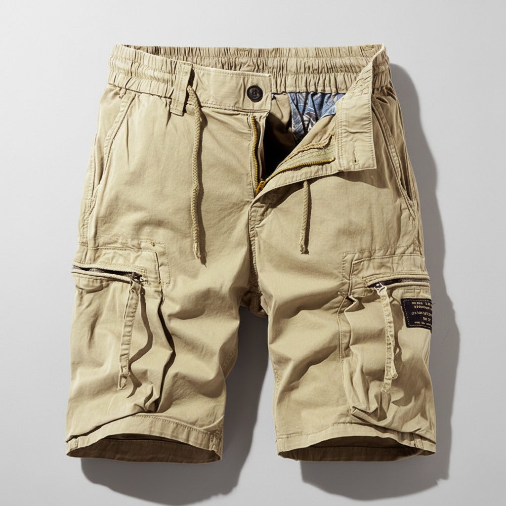 Herre Regular-Fit Elastisk-Talje Cargo Short Lynlås-Lommer - Khaki