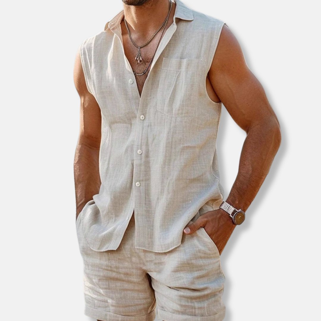 Herre ærmeløs linnedlook skjorte-sæt med shorts regular fit - Off Whte