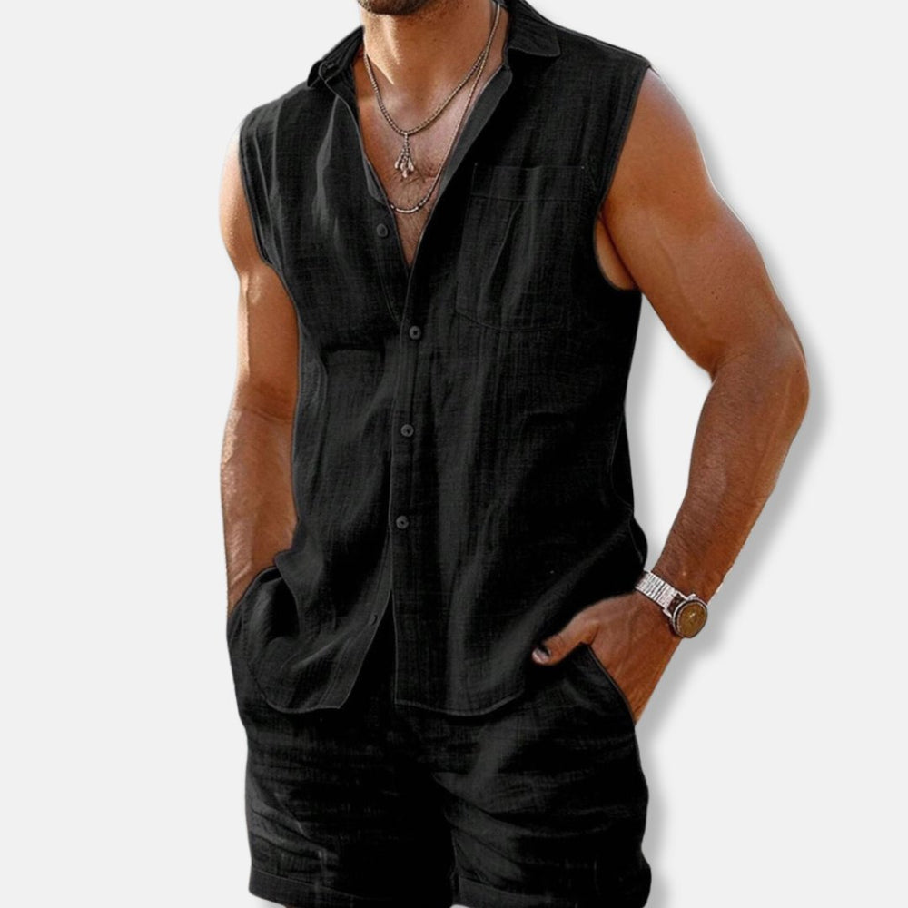 Herre ærmeløs linnedlook skjorte-sæt med shorts regular fit - Black