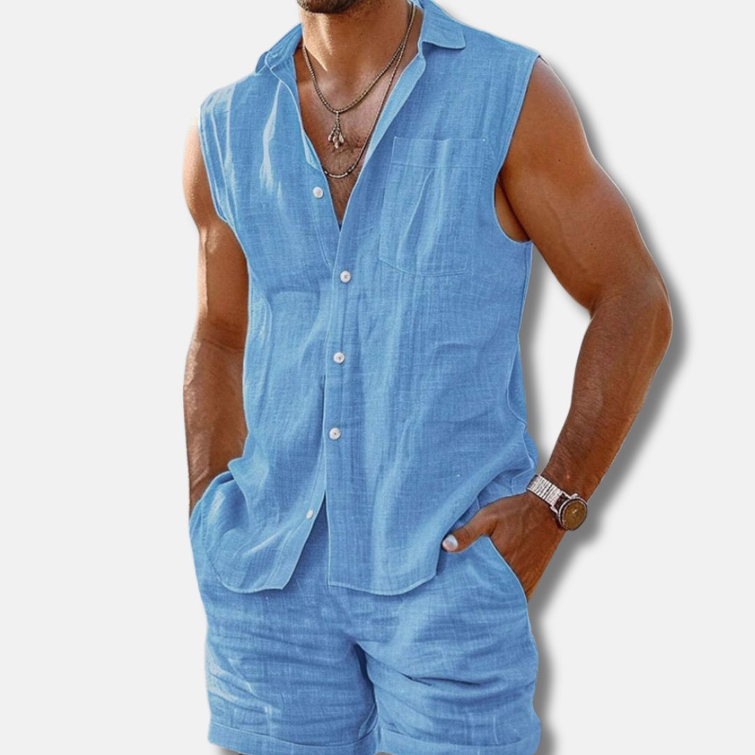 Herre ærmeløs linnedlook skjorte-sæt med shorts regular fit - Sky Blue