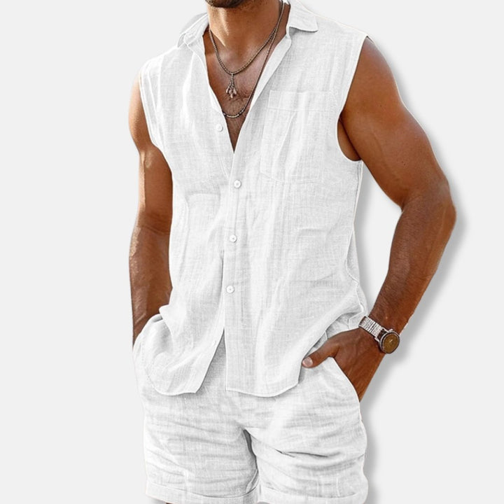 Herre ærmeløs linnedlook skjorte-sæt med shorts regular fit - White