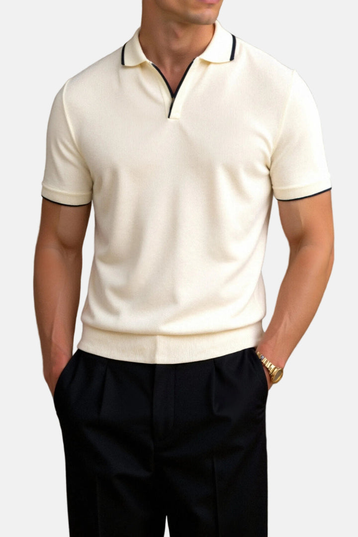 Herre Slim-Fit Kortærmet Strikket Poloskjorte Åben Krave - Beige