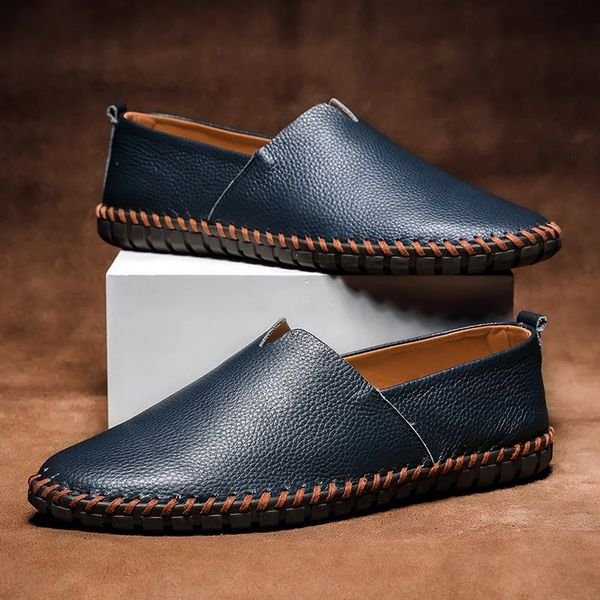 Herre Slip-on Pebbled Læder Loafers Kontrastsyning - Navy