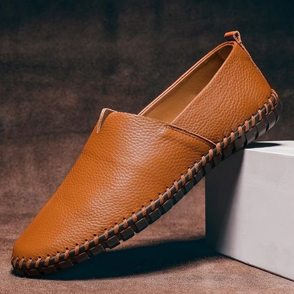 Herre Slip-on Pebbled Læder Loafers Kontrastsyning - Caramel