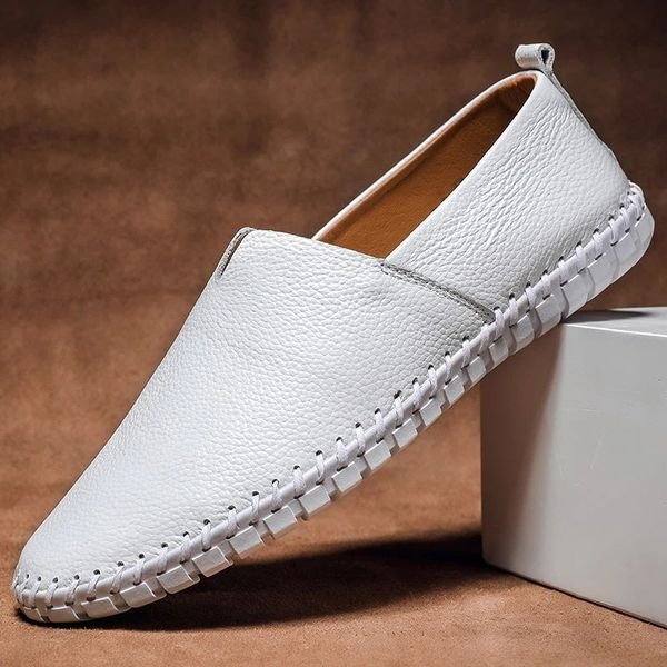 Herre Slip-on Pebbled Læder Loafers Kontrastsyning - White