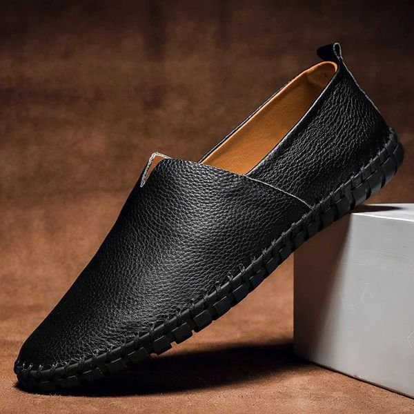Herre Slip-on Pebbled Læder Loafers Kontrastsyning - Black