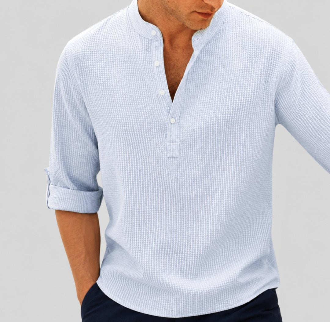 Herre Stribede Seersucker Henley-Skjorte Langærmet - Blau