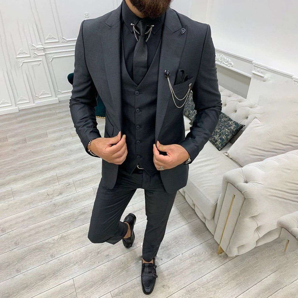 Herre Tre-Delt Jakkesæt Single-Breasted Notched Lapel - Black