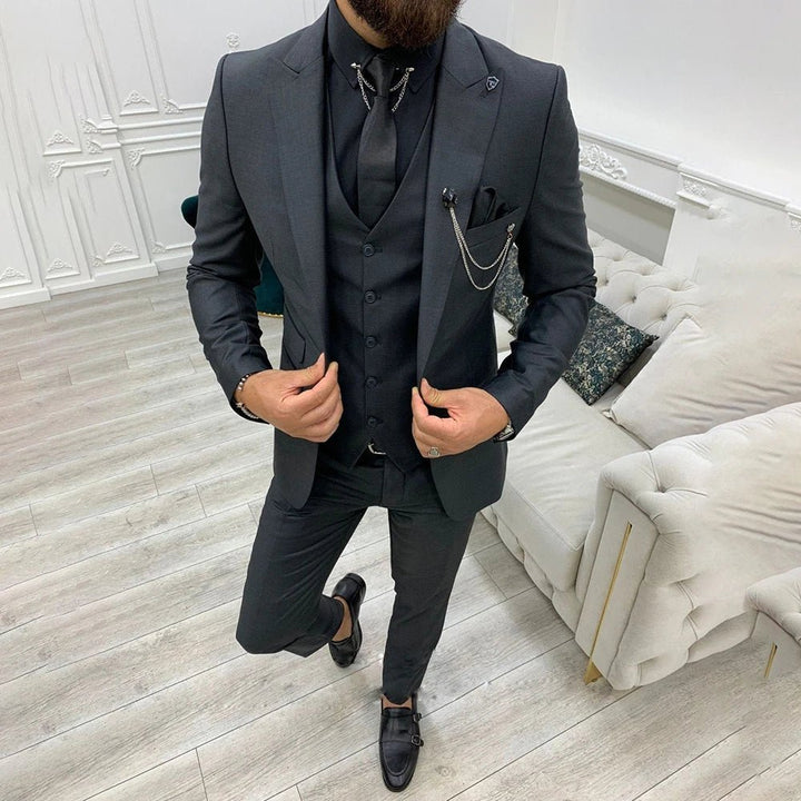 Herre Tre-Delt Jakkesæt Single-Breasted Notched Lapel - Black