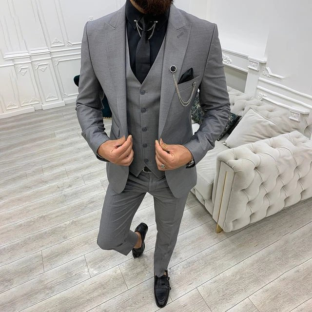 Herre Tre-Delt Jakkesæt Single-Breasted Notched Lapel - Gray