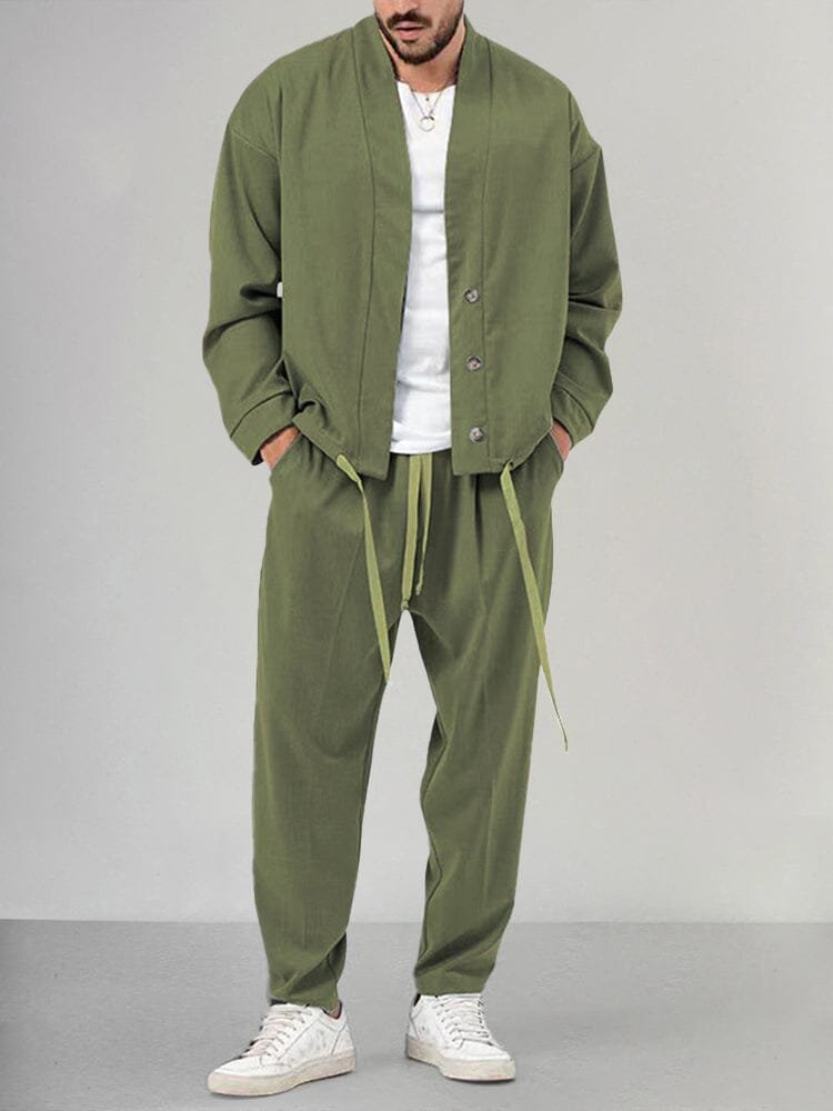 Herre Two-Piece Set Afslappet Overskjorte Bukser Sæt - Green