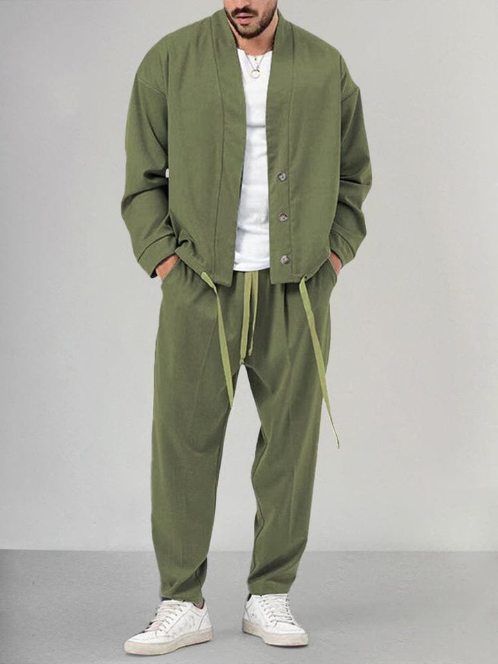 Herre Two-Piece Set Afslappet Overskjorte Bukser Sæt - Green